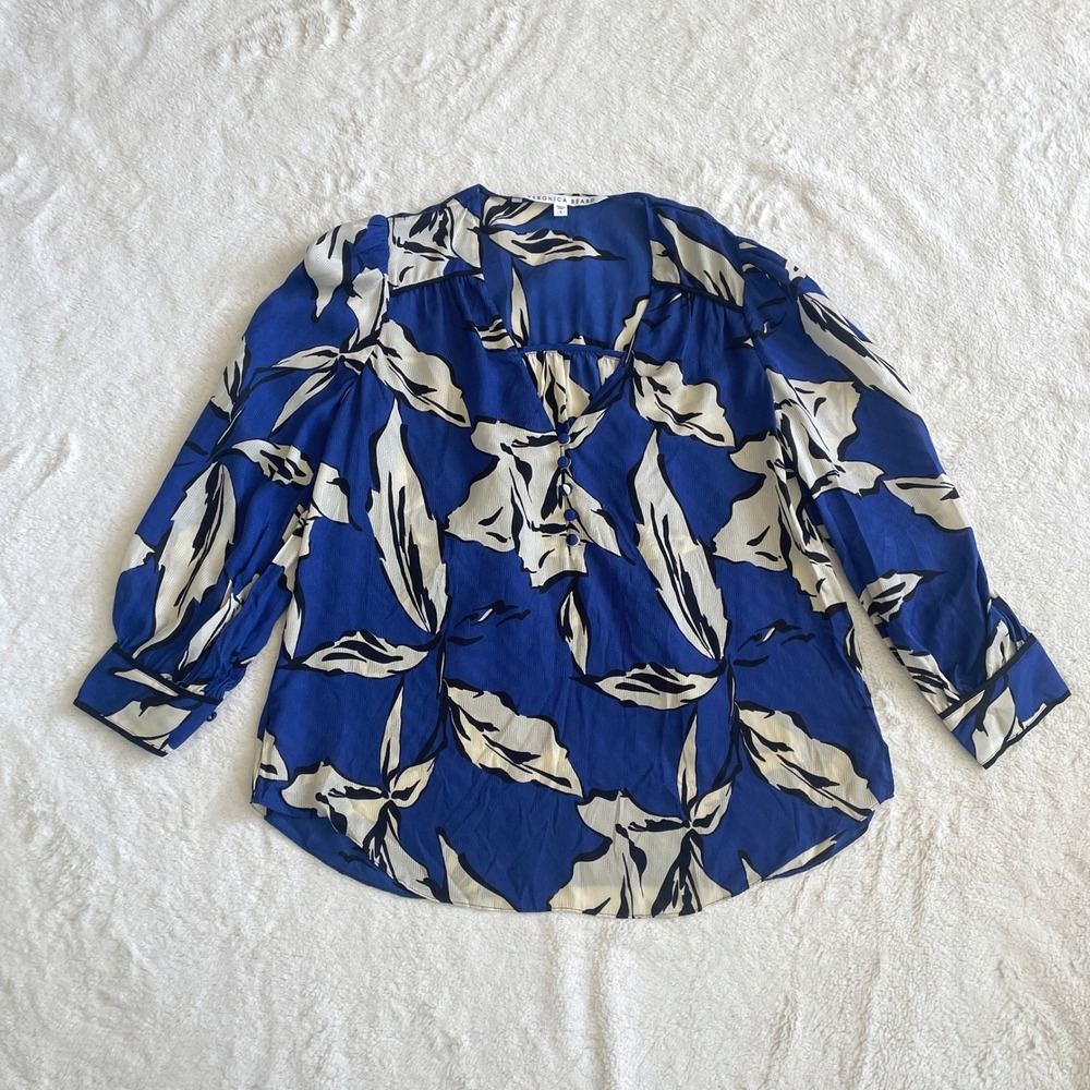 Veronica Beard Blue and Cream Floral Print Blouse - Picture 4 of 13